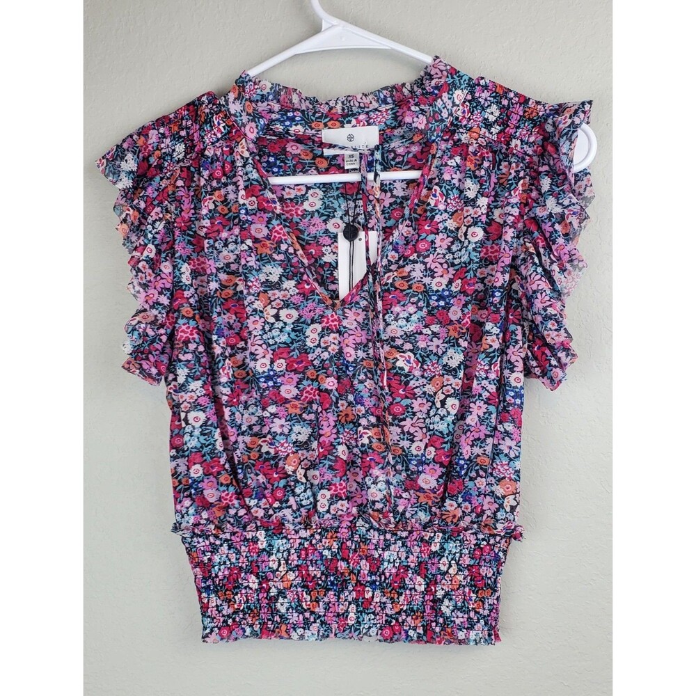 NWT Socialite XS Floral Top Blouse V-Neck Blouson Semi-Sheer Ruffled Sleeves